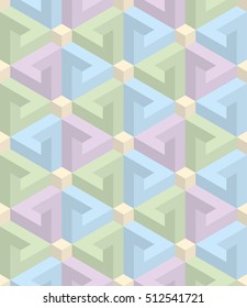 Isometric Seamless Pattern in pastel shades. 3D Optical Illusion Background Texture. Editable Vector EPS10 Illustration.
