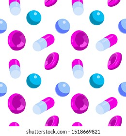 Isometric seamless pattern with pink erythrocytes and various medicines on white background. Vector backdrop for medical websites, wrapping paper, posters etc.