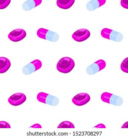 Isometric seamless pattern with pink erythrocytes and capsules on white background. Vector backdrop for medical websites, wrapping paper, posters etc.