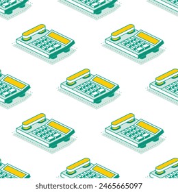 Isometric seamless pattern with row of office telephones. Vector illustration. Objects isolated on white background.