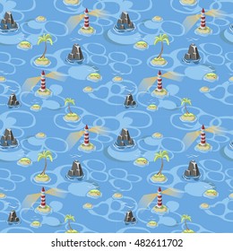 Isometric seamless pattern of sea and ilands whith lighthouse. Vector illustration