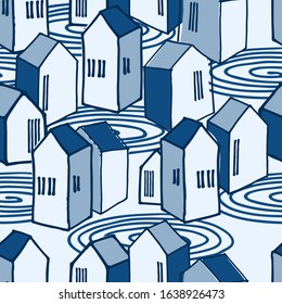 Isometric seamless pattern, urban landscape theme in blue color palette, for surface design and other design projects