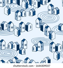 Isometric seamless pattern, urban landscape theme in blue color palette, suburban settlement, for surface design and other design projects
