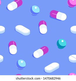 Isometric seamless pattern with various medicines on a violet background
