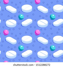 Isometric seamless pattern with various pills on a violet background