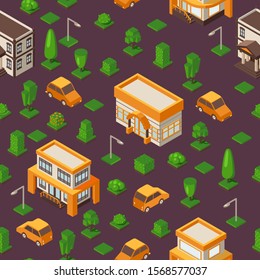 Isometric seamless pattern, vector illustration. Set of buildings and cars in geometric perspective. Isometric background for game or map. Town street with houses, vehicles, trees and streetlights