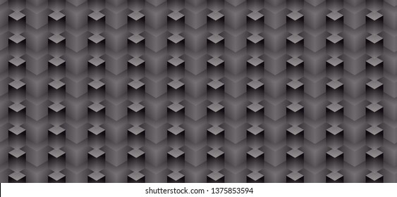 Isometric seamless pattern, volume realistic texture, black white gradient background. 3d geometric tiles with cubes. Abstract uncolored backdrop for web, wallpaper, fabric, wrapping, paper, print.