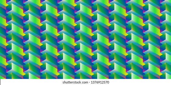 Isometric seamless pattern, volume realistic texture, color gradient background. 3d geometric tiles with cubes. Abstract multicolored backdrop for web, wallpaper, fabric, wrapping, paper, print.