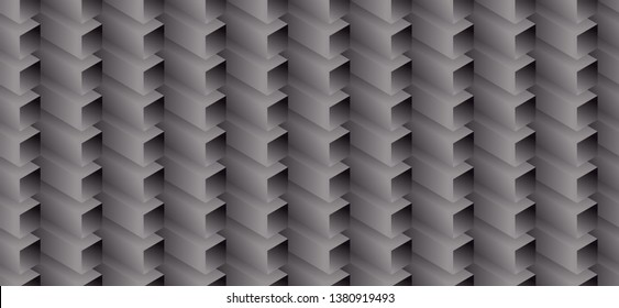 Isometric seamless pattern, volume realistic texture, black white background. 3d geometric tiles with cubes. Architectural uncolored backdrop for web, wallpaper, fabric, wrapping, paper, print.