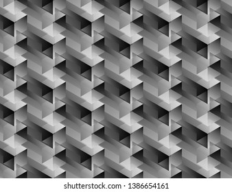 Isometric seamless pattern, volume realistic texture, black white gradient background. 3d geometric tiles with cubes. Abstract uncolored backdrop for web, wallpaper, fabric, wrapping, paper, print.