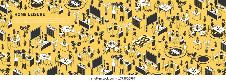 Isometric seamless pattern in yellow black and white colors with people doing various leisure activities at home 3d vector illustration