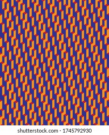 Isometric seamless vector pattern in Escher style. Bright geometric ornament of cubic building blocks with orange, red and blue surfaces. Illusion of skyscrapers. Modern 3d print of urban labyrinth.