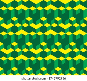 Isometric seamless vector pattern in Escher style. Bright geometric ornament of cubic building blocks with yellow and green surfaces. Illusion of volume. Modern 3d print of urban labyrinth.