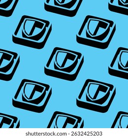 Isometric seamless vector pattern of shield symbols in 3D square tiles, with deep shadows and bright cyan background. A strong visual for themes of protection, security, and defense.