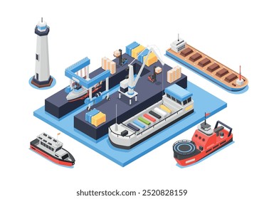 Servicio isométrico de carga portuaria. Estación de renovación y reparación de barcos. Industrial puerto marino, barcos barcos barcos. Escena de Vector impecable de la terminal del océano 3D