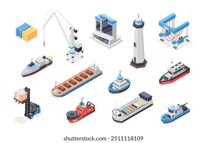 Isometrische Seehafenelemente Industrielle Marine Port 3D-Symbole. Schiffe schicken Leuchtturm-Frachtcontainer. Unfehlbarer Vektorsatz für den Seeverkehr