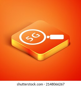 Isometric Search 5G nuevo icono de conexión inalámbrica a internet inalámbrico aislado en el fondo naranja. Tecnología de velocidad de datos de conexión de alta velocidad de red global. Vector