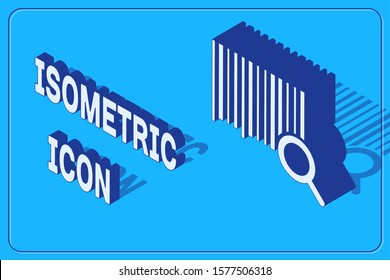 Isometric Search barcode icon isolated on blue background. Magnifying glass searching barcode. Barcode label sticker. Research barcode.  Vector Illustration