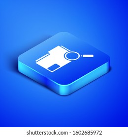 Isometric Search concept with folder icon isolated on blue background. Magnifying glass and document. Data and information sign. Blue square button. Vector Illustration
