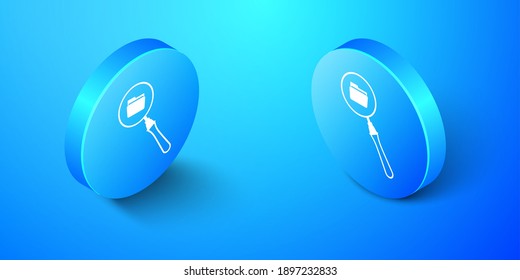 Isometrisches Suchkonzept mit Ordnersymbol einzeln auf blauem Hintergrund. Wunderglas und Dokument. Daten- und Informationszeichen. Blauer Kreis-Knopf. Vektorgrafik.