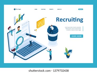 Isometric search for employees on the Internet, recruiting concept. Template Landing page.