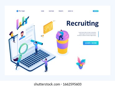 Isometric search for employees on the Internet, recruiting concept, bright color. Landing page concepts and web design.
