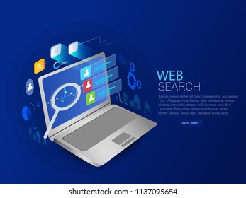 Isometric search engine result page. Page showing search results of a query,
simple web interface with different apps 