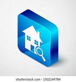 Isometric Search house icon isolated on white background. Real estate symbol of a house under magnifying glass. Blue square button. Vector Illustration