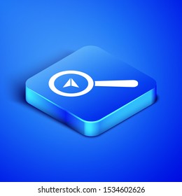 Isometric Search location icon isolated on blue background. Magnifying glass with pointer sign. Blue square button. Vector Illustration