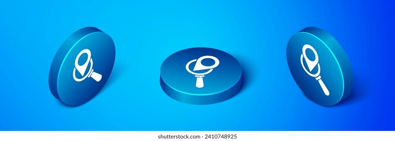 Isometric Search location icon isolated on blue background. Magnifying glass with pointer sign. Blue circle button. Vector Illustration