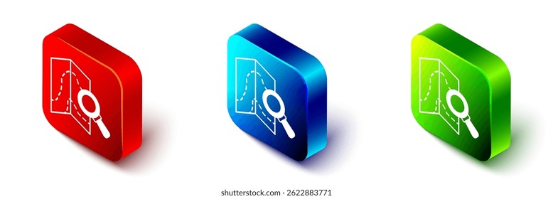 Isometric Search location icon isolated on white background. Magnifying glass with pointer sign. Red, blue and green square button. Vector