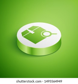 Isometric Search package icon isolated on green background. Parcel tracking symbol. Magnifying glass and cardboard box. Logistic and delivery. White circle button. Vector Illustration