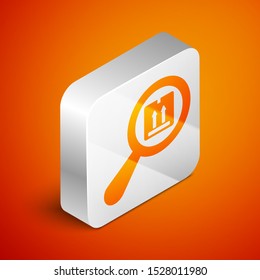 Isometric Search package icon isolated on orange background. Parcel tracking symbol. Magnifying glass and cardboard box. Logistic and delivery. Silver square button. Vector Illustration