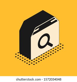Isometric Search package icon isolated on yellow background. Parcel tracking symbol. Magnifying glass and cardboard box. Logistic and delivery.  Vector Illustration