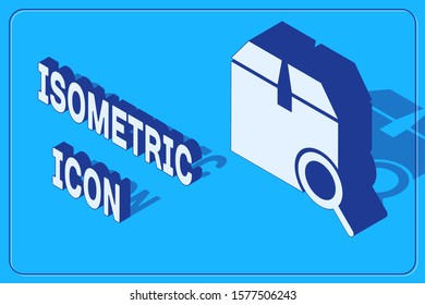 Isometric Search package icon isolated on blue background. Parcel tracking symbol. Magnifying glass and cardboard box. Logistic and delivery.  Vector Illustration