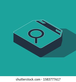 Isometric Search package icon isolated on green background. Parcel tracking symbol. Magnifying glass and cardboard box. Logistic and delivery.  Vector Illustration