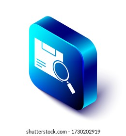 Isometric Search package icon isolated on white background. Parcel tracking. Magnifying glass and cardboard box. Logistic and delivery. Blue square button. Vector Illustration