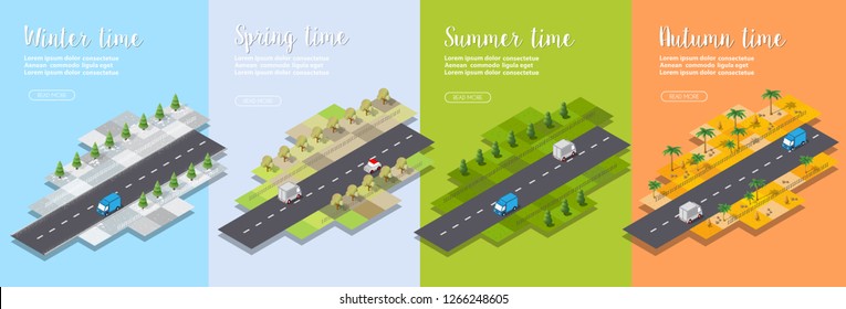 Isometric Seasons city with houses and streets with trees, fir and bushes. Season time of the year. Conceptual vector illustration.
