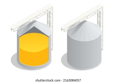 Isometric section of a cylindrical grain silo for infographics. Export wheat trade. Grain harvest storage