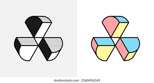 Isometric sector logo. Optical illusion sign. Retro 3D icons set with black and white polka dots and colored options. Vector impossible shape for halftone label, crypto company, vintage posters.