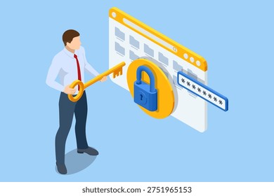Isometric secure access with businessman using large key to unlock browser password page. Account authorization, protected data entry, credential control, cyber security for website or online service