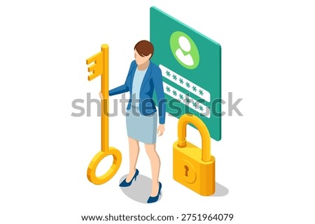 Isometric secure access with businesswoman using large key to unlock browser password page Account authorization, protected data entry, credential control, cyber security for website or online service