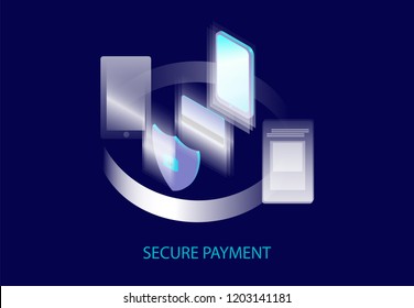 Isometric Secure Payment Vector Illustration. 3D Online Shop Money or Data Transfer Security. Neon Credit Card, Tablet or Mobile Phone Usage for Purchase, Modern Technology Digital Technology on Blue