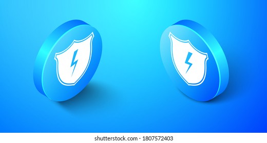 Isometric Secure shield with lightning icon isolated on blue background. Security, safety, protection, privacy concept. Blue circle button. Vector.