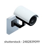 Isometric security camera. Digital CCTV for outdoor area observation. Icon with surveillance camera for video monitoring. 3D realistic vector illustration isolated on white background