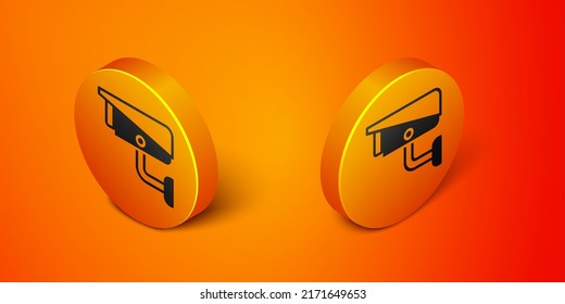 Isometric Security camera icon isolated on orange background. Orange circle button. Vector