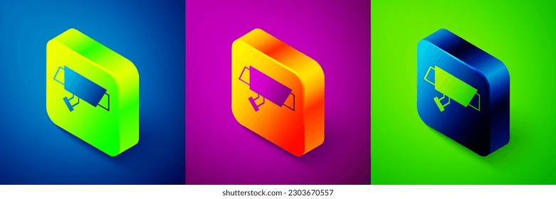 Isometric Security camera icon isolated on blue, purple and green background. Square button. Vector