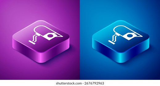 Isometric Security camera icon isolated on blue and purple background. Square button. Vector