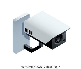 Isometric security camera. Modern equipment or gadget for video surveillance and monitoring. CCTV for security and property observation. 3D realistic vector illustration isolated on white background