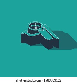 Isometric Security camera with screwdriver and wrench icon isolated on green background. Adjusting, service, setting, maintenance, repair, fixing.  Vector Illustration